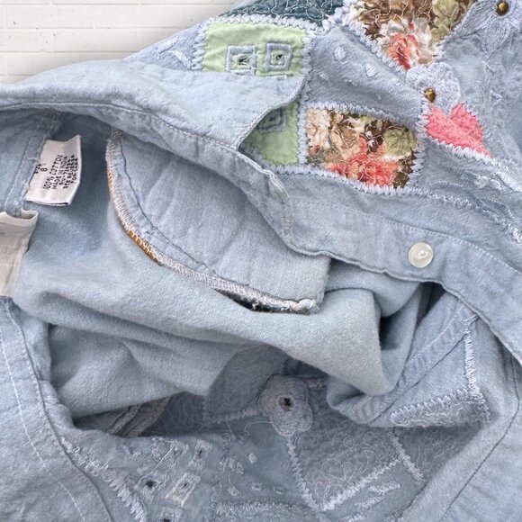 BOOM Vintage Western 90s Quilted Embroidered Patchwork Chambray Denim Blouse S - Picture 6 of 6